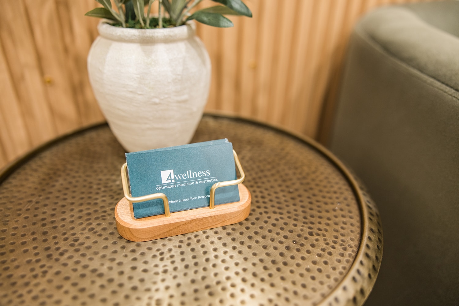 Business cards on a decorative table.